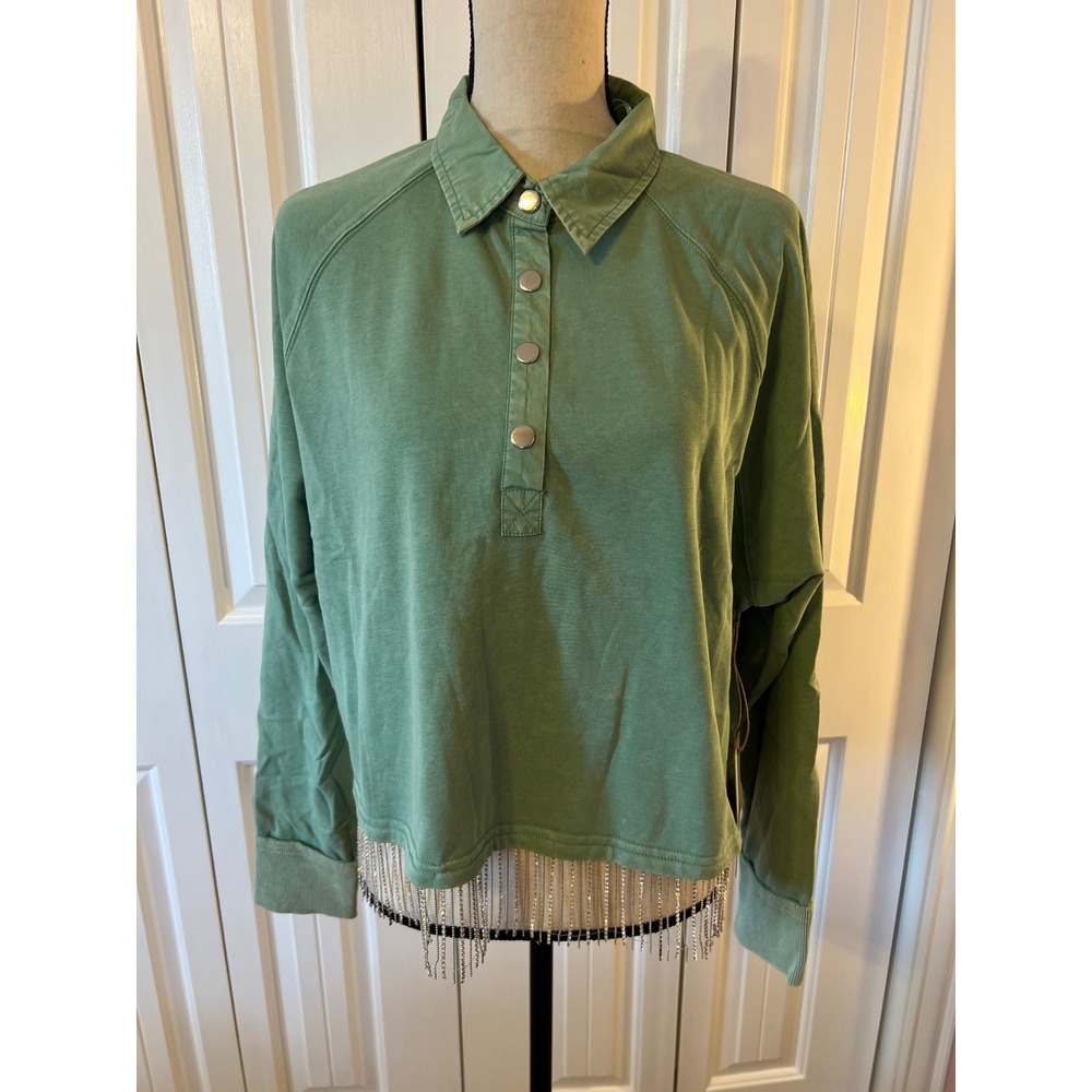 Blue Velvet Sage Green Rhinestone Fringe Cropped Polo Sweatshirt Large NWT